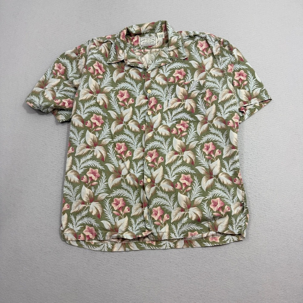 Vintage American Eagle Shirt Large Green Floral Cotton Linen Blend Loop Collar